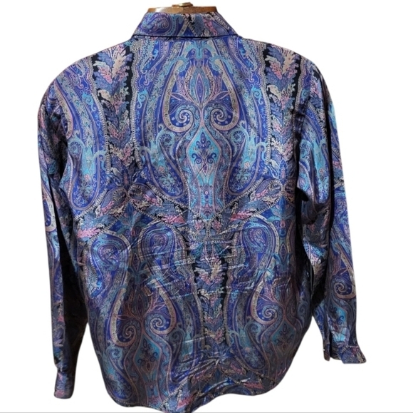 Vintage Copper Key Paisley Silk Satin Button Puff Sleeve Blouse Size Medium - Picture 3 of 8